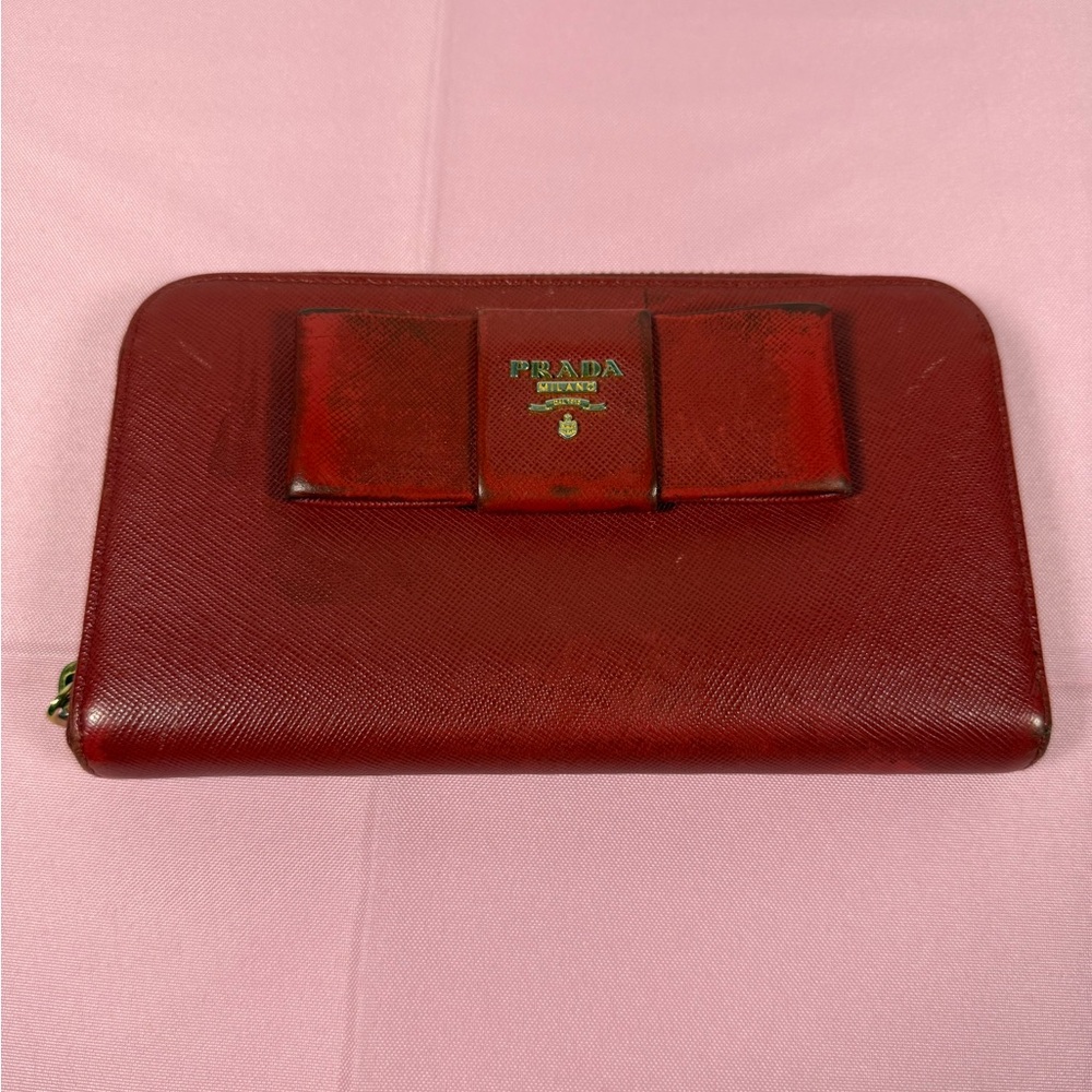 Prada Dark Red Saffiano Bow Zip Around Continental Wallet